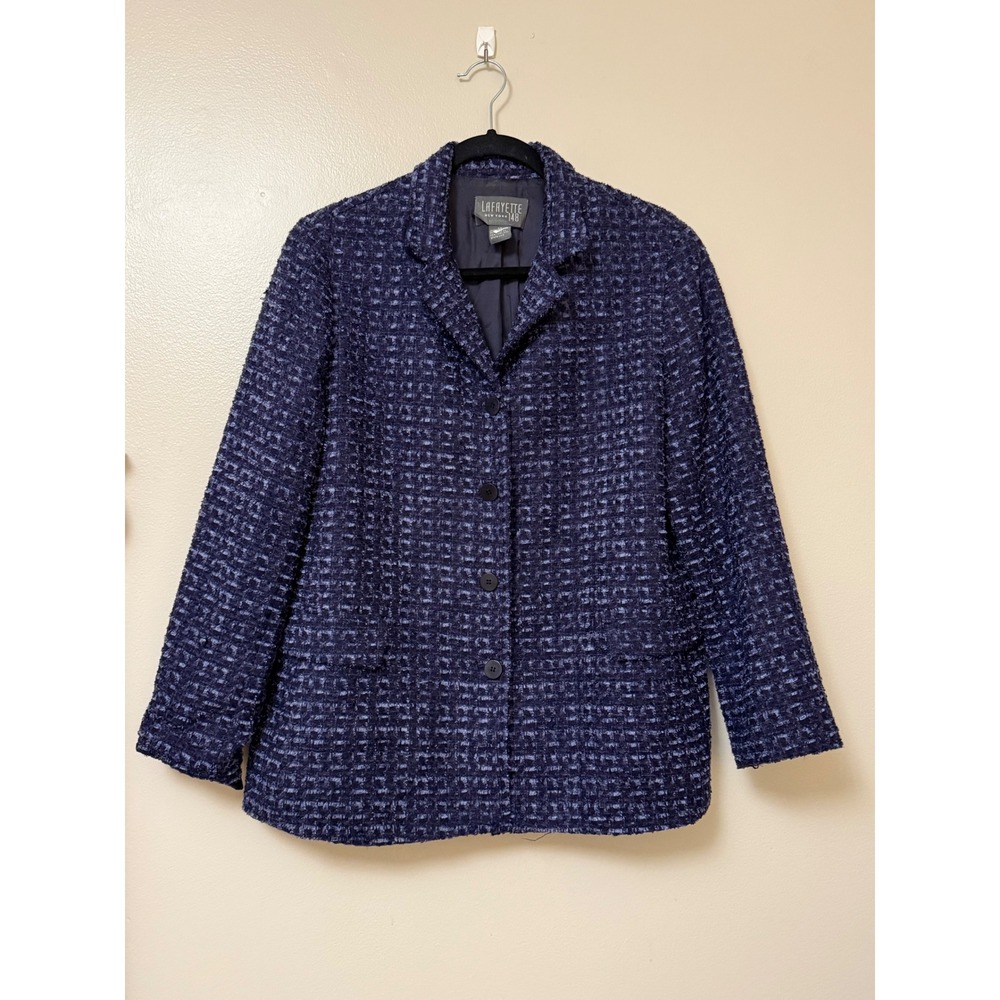 Lafayette 148 New York Navy Blue Wool Blend Bouclé Tweed Blazer Jacket Size 12